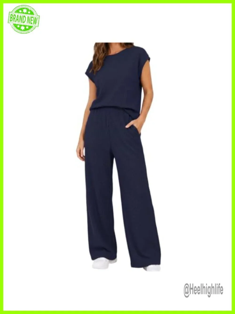 Waffle Knit 2 Piece Lounge Set with Cap Sleeves Top & Wide Leg Pants with
